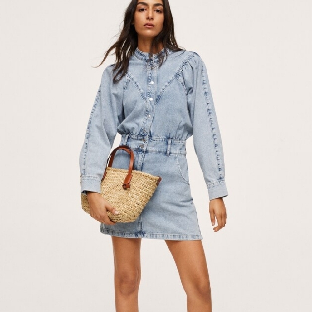 Mango Puff Long Sleeve Denim Mini Dress - Size 4